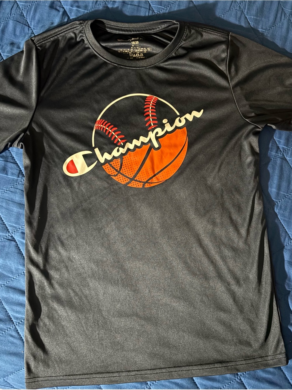 Champion Black Short Sleeve Tee with Orange Sports Graphic